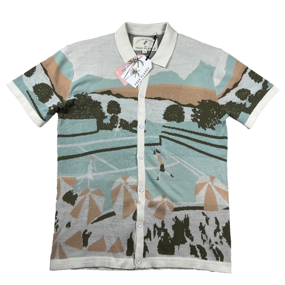 Free Planet Shirt Mens L Knit Polo Button Up Lost Paradise Tennis Beach Resort